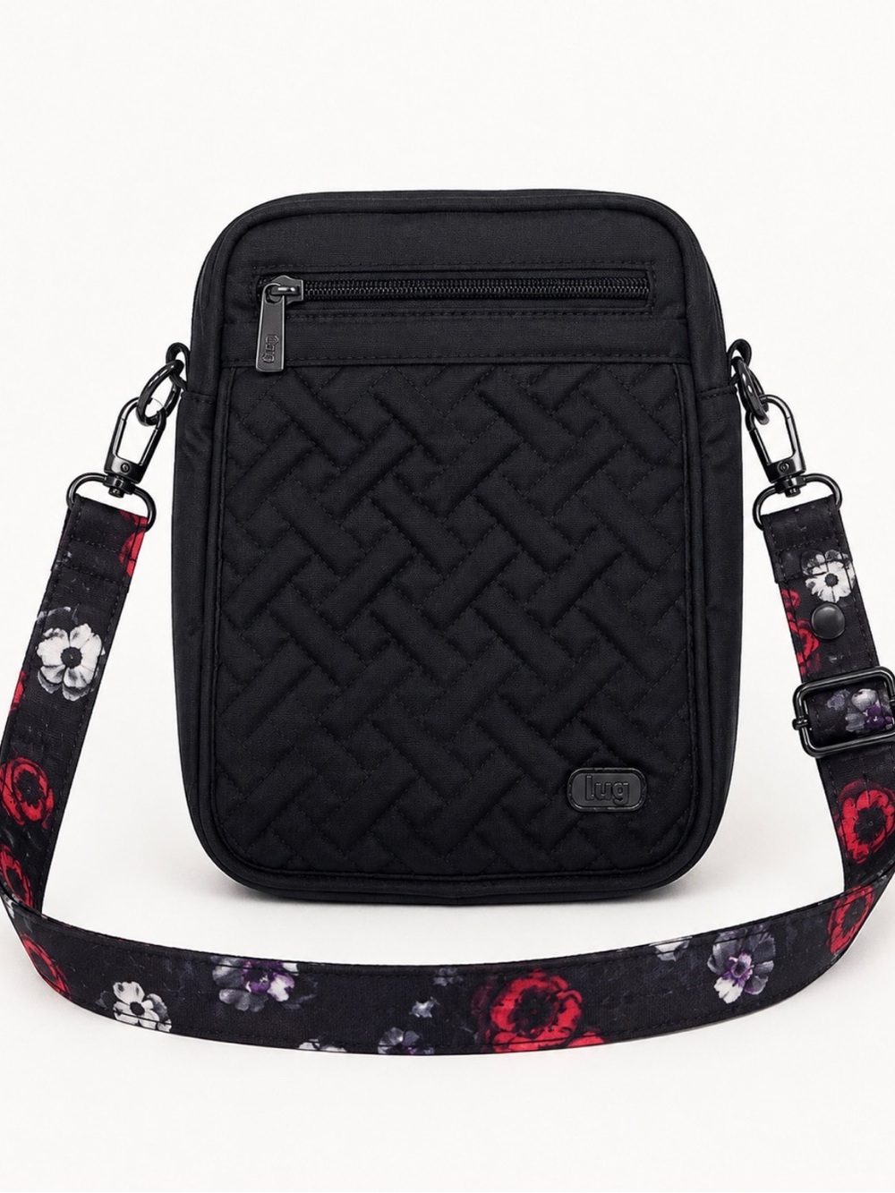 Lug Hopper Crossbody Bag Black Quilted Floral Strap